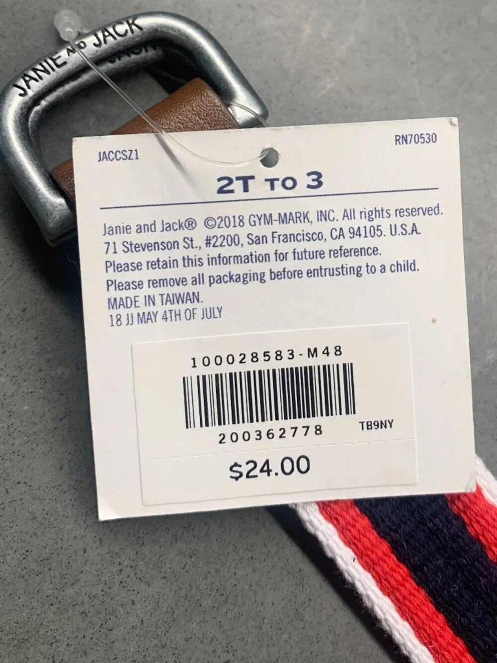 NWT Janie and Jack Boys Striped Canvas Belt 2T–3T Red White Blue Preppy